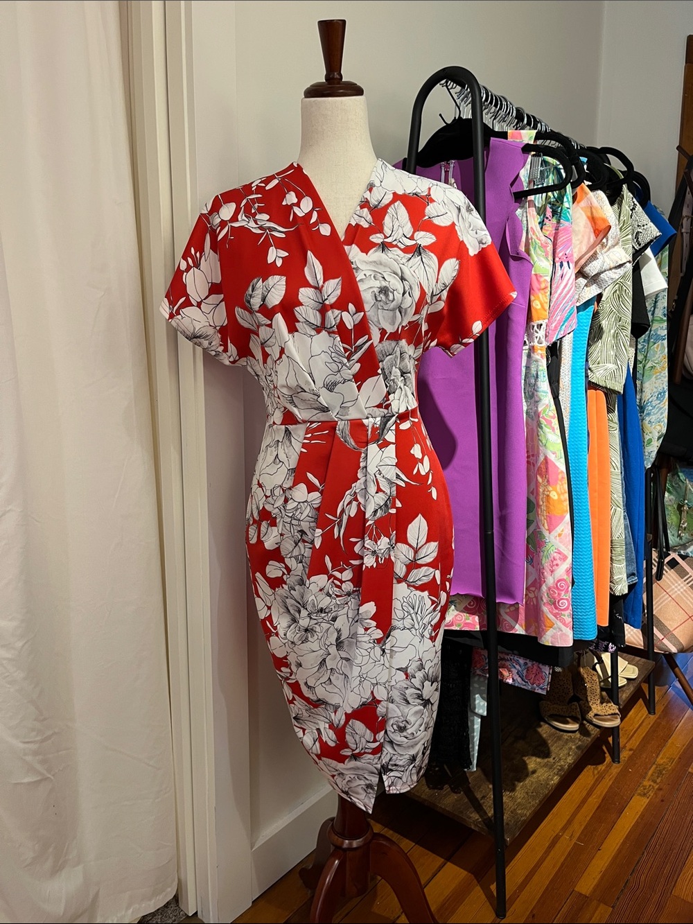 Closet Red & White Floral Wrap Midi Dress